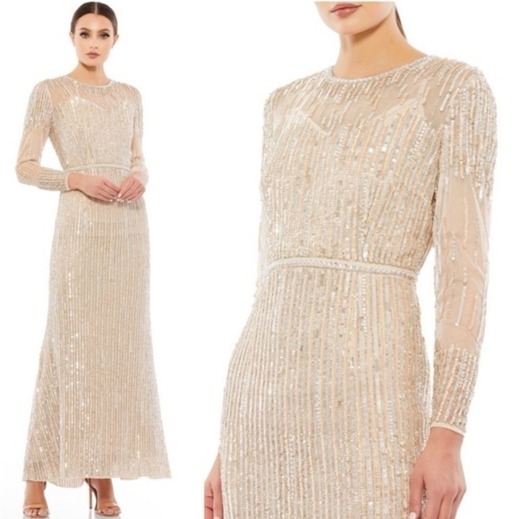 FLAWED NWT Mac Duggal Sheer Full Sequined A-Line Gown Dress in Rose Gold size 4 - Picture 13 of 13